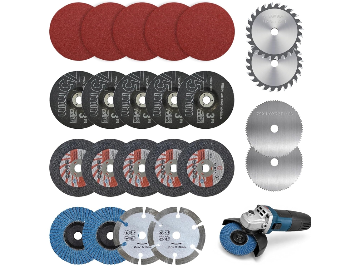 Conjunto de 23 discos de corte e discos flap, furo de 75 mm a 10 mm - Discos flexíveis para mini esmerilhadeira angular -