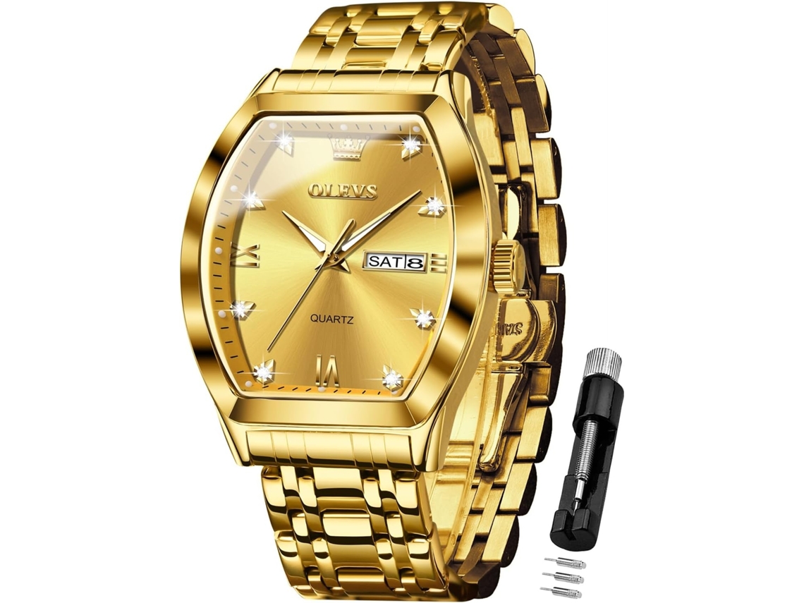 Lurelia Relógio Masculino, Movimento De Quartzo, Analógico, Data/calendário, Luminoso, Detalhes Com Strass, Aço Inoxidável, Dourado