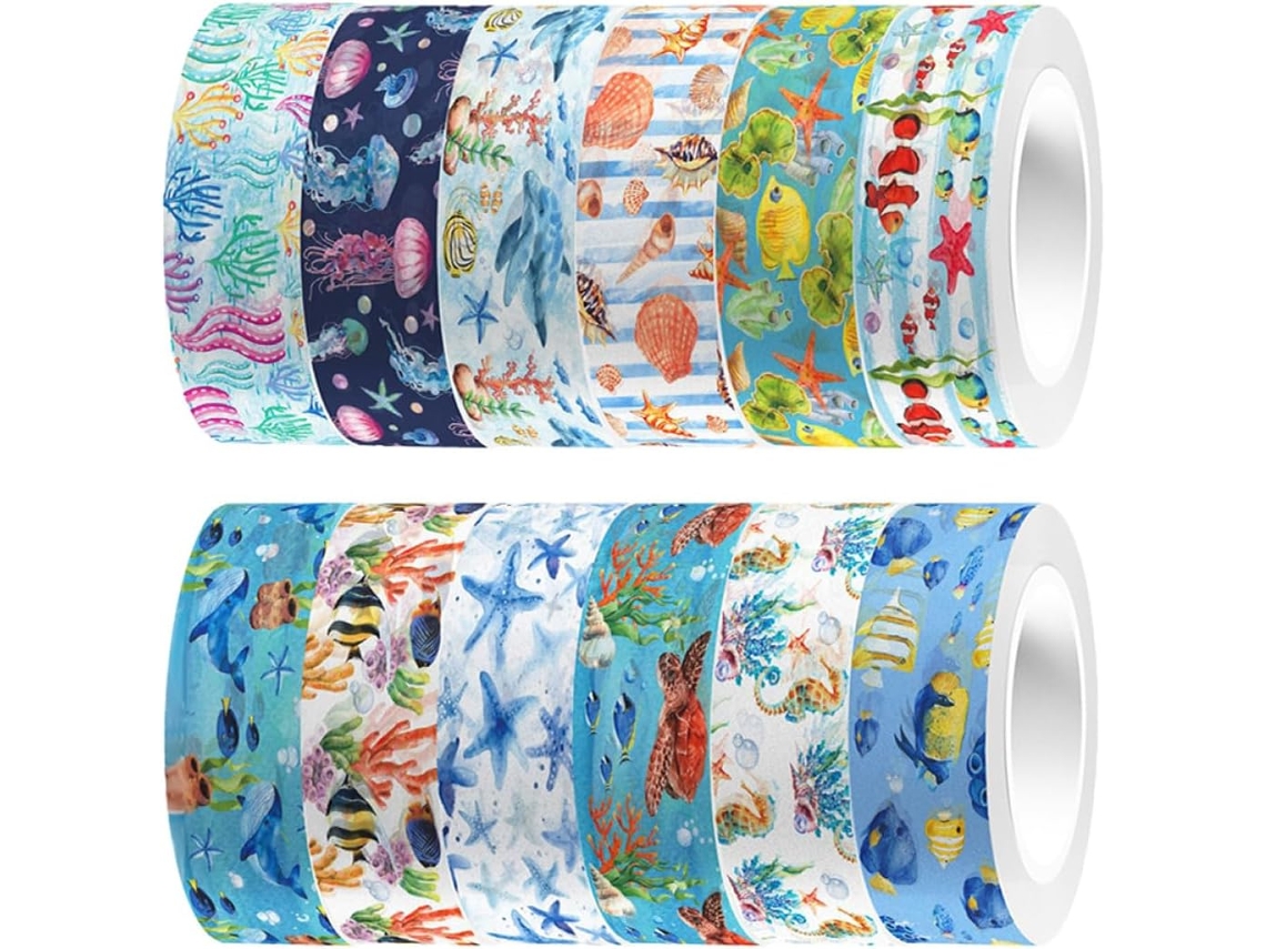 Conjunto De 12 Rolos De Fita Adesiva Decorativa Com Tema Oceânico.