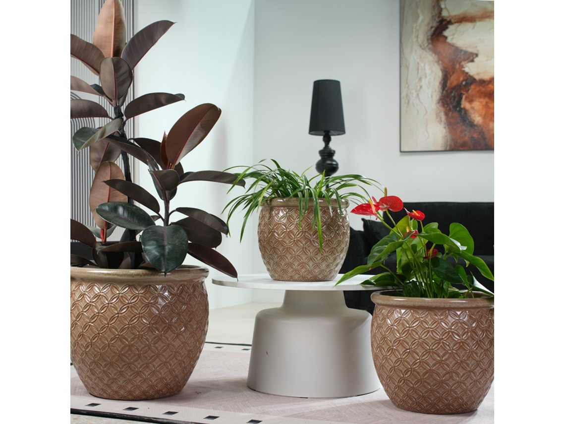 Conjunto De 3 Vasos De Cerâmica Artesanal Ø38,5/30,5/23cm, Bege Brilhante Com Relevo De Moedas, Respirável, Anti-gelo E Drenagem, Jardim E Varanda