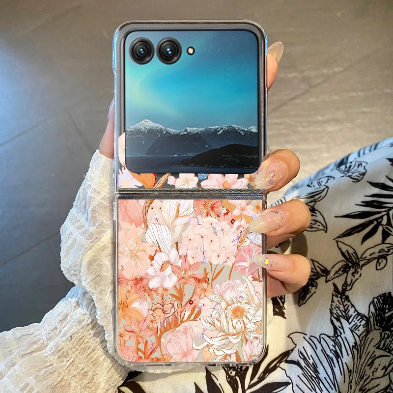 Capa Transparente Para Motorola Razr 40 Com Estampa Floral Rosa, Feita De Material Rígido À Prova De Choque.