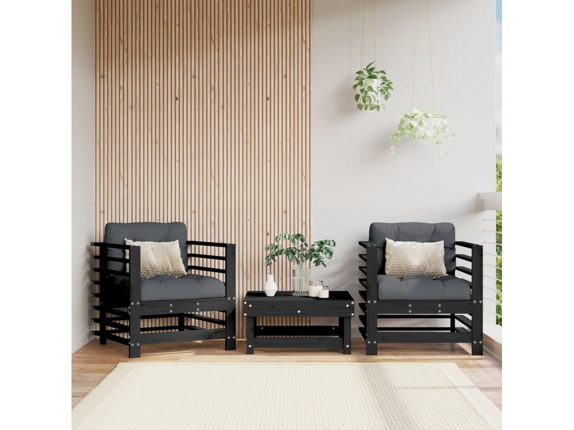 Vidaxl Cadeiras De Jardim C/ Almofadões 2 Pcs Pinho Maciço Preto