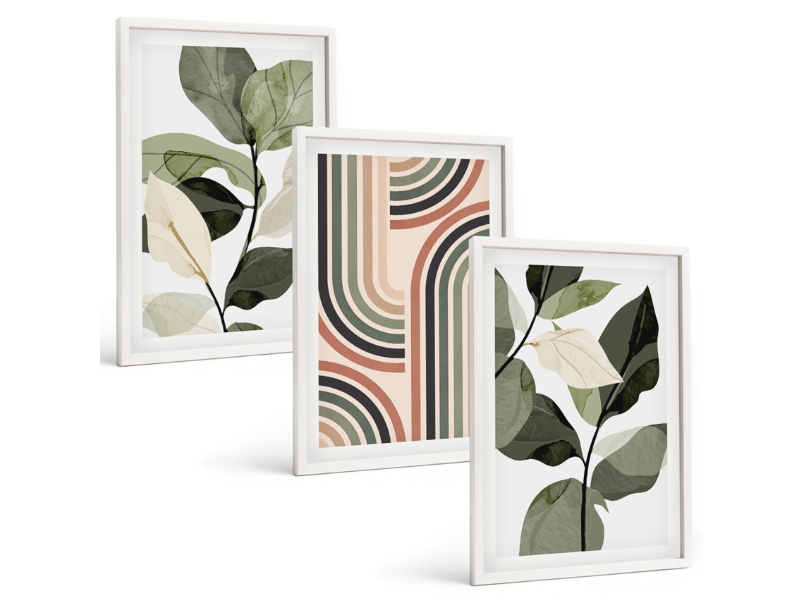 Pinturas Murais Modernas Motivos Geométricos De Plantas Moldura Branca Pinturas De Quarto Espelharte (3 Piezas De 40x60 Cm)