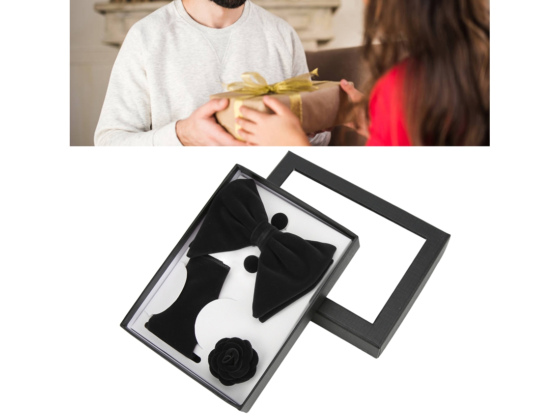 5pcs Set De Corbatas Clásico Elegante Para Hombre Con Paño De Bolsillo, Gemelos Y Corsage Regalo De Cumpleaños Negro