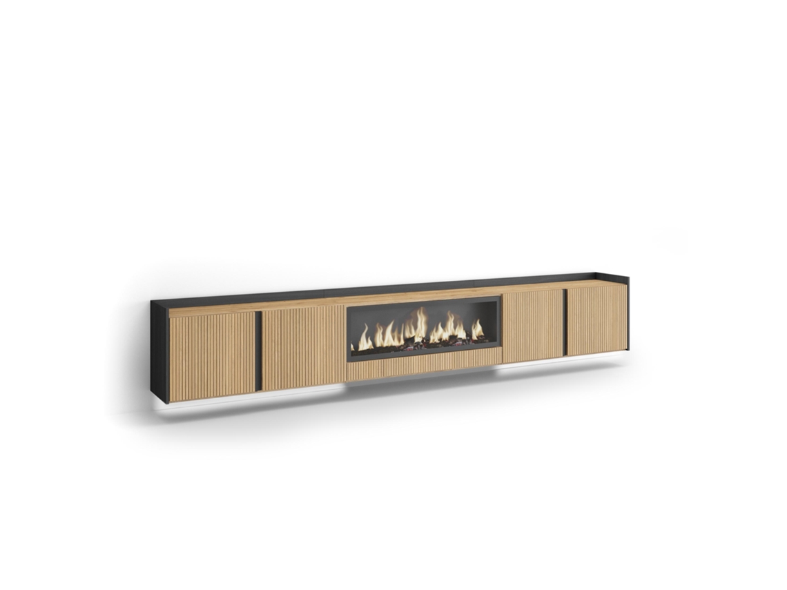 Móvel De Tv, 315x35x50cm, Para Televisores Até 80", Lareira Eléctrica Xxl, Suspensos, Led, Carvalho E Preto