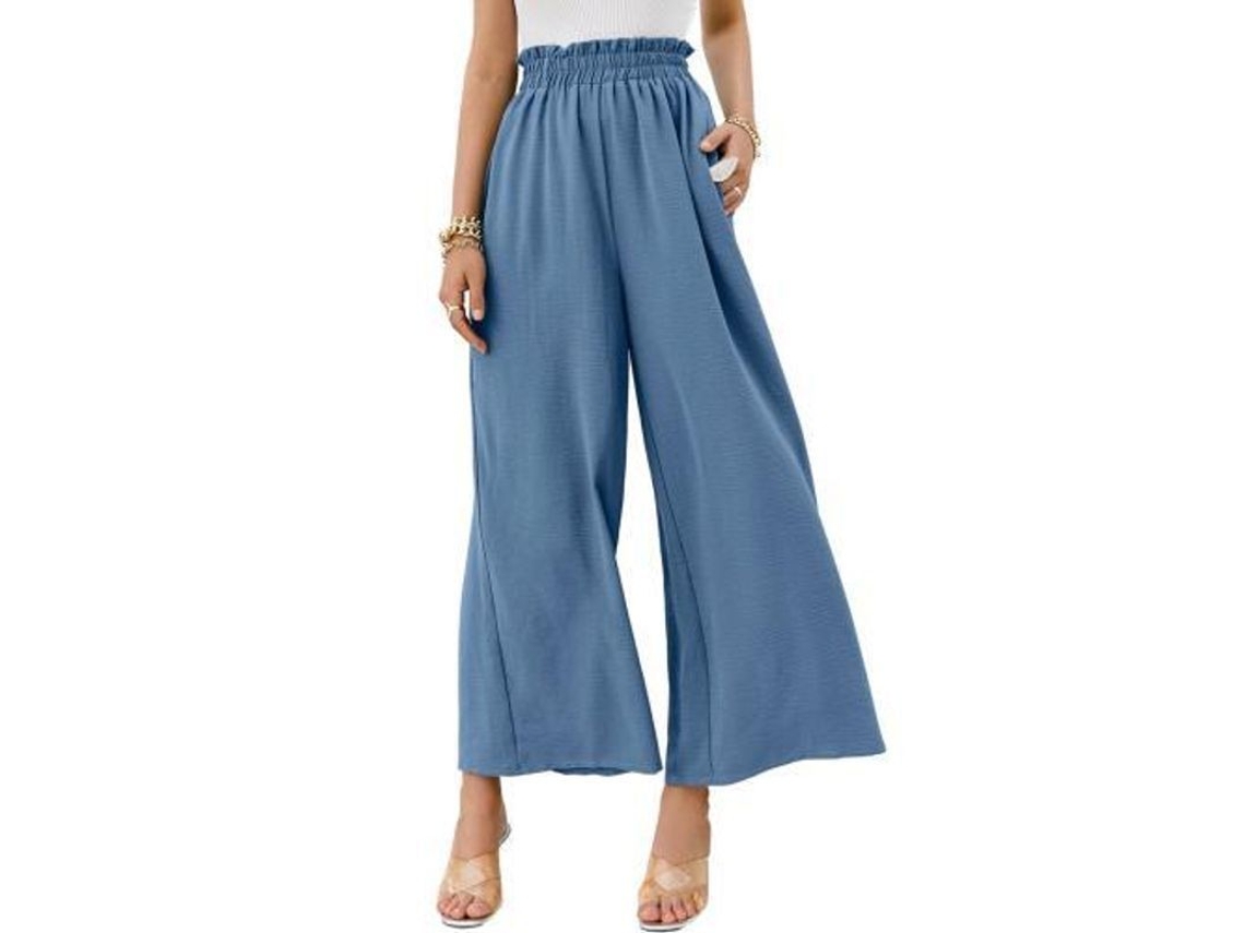 Calça Boho Feminina Rebe de Cintura Alta com Pernas Largas e Caimento Fluido, Tamanho P, Azul