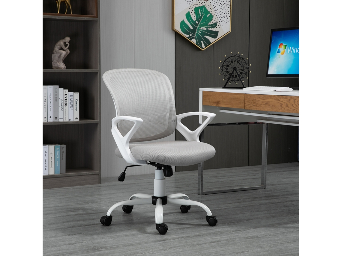 Cadeira De Escritório Ergonômica Basculante, Giratória 360°, Apoio Lombar, Malha Respirável, 61x61x89-99 Cm, Cinza E Branco