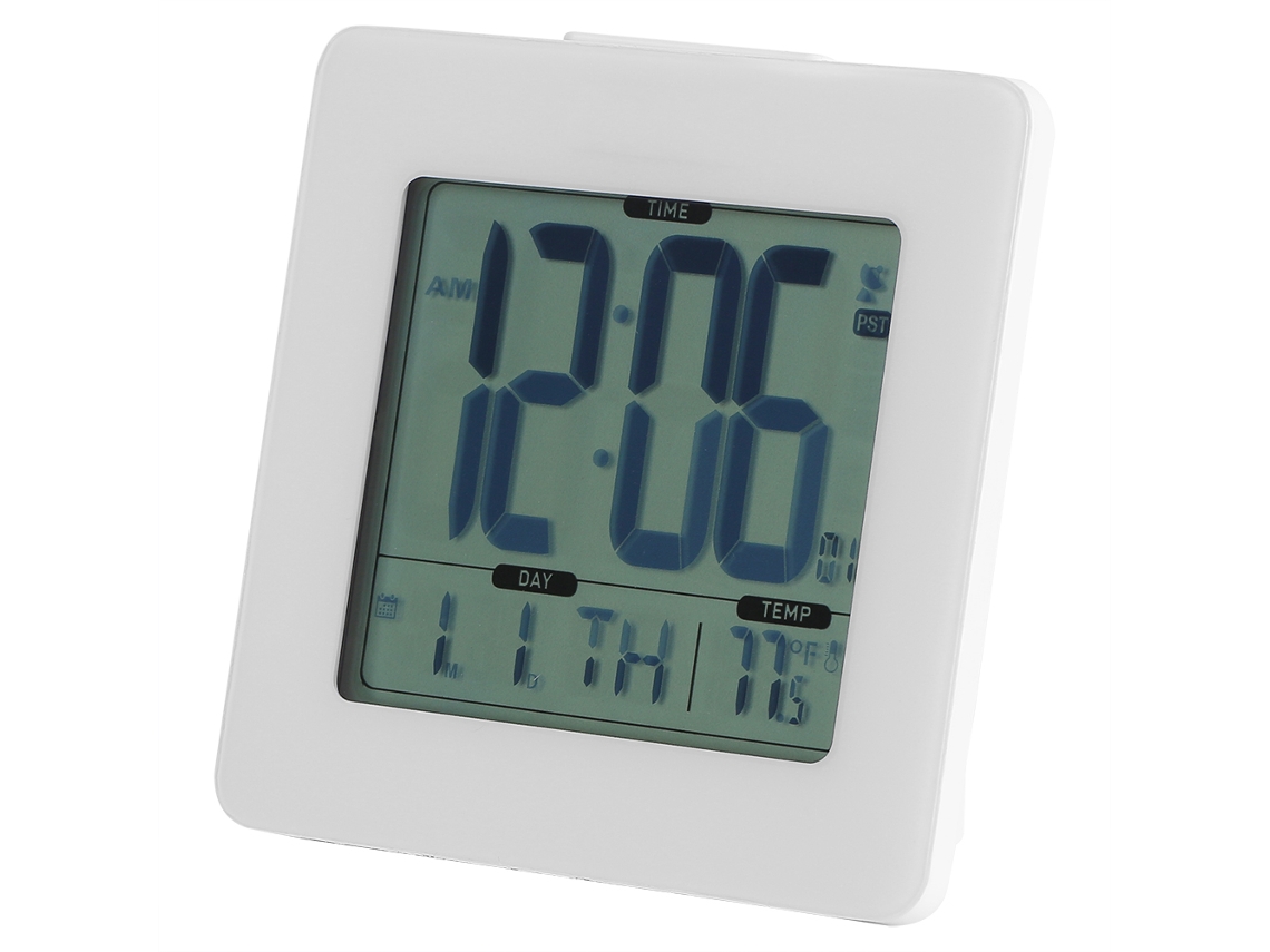 KOFIHETY Despertador digital com luz de fundo azul, calendário e visor de temperatura, branco