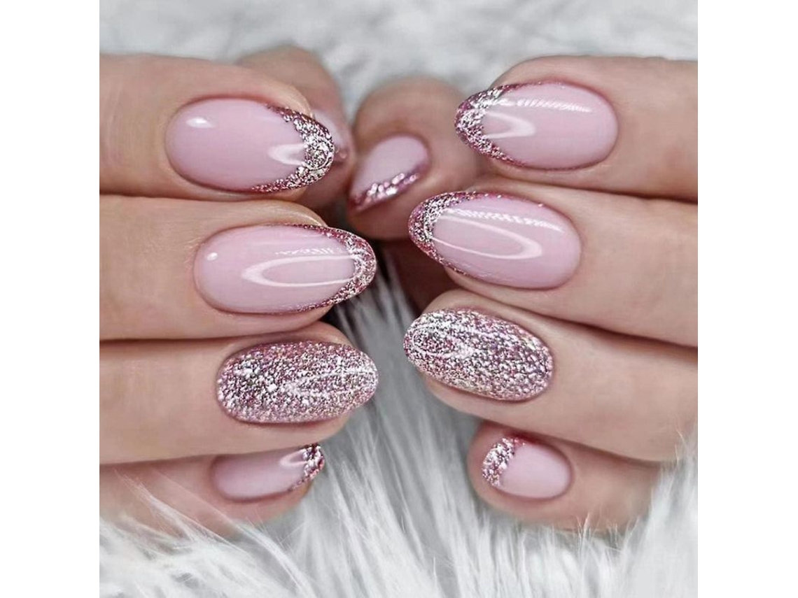 Unhas Falsas de Pressão Curta Almond French Tip Rosa Brilhante com Stickers de Adesivo