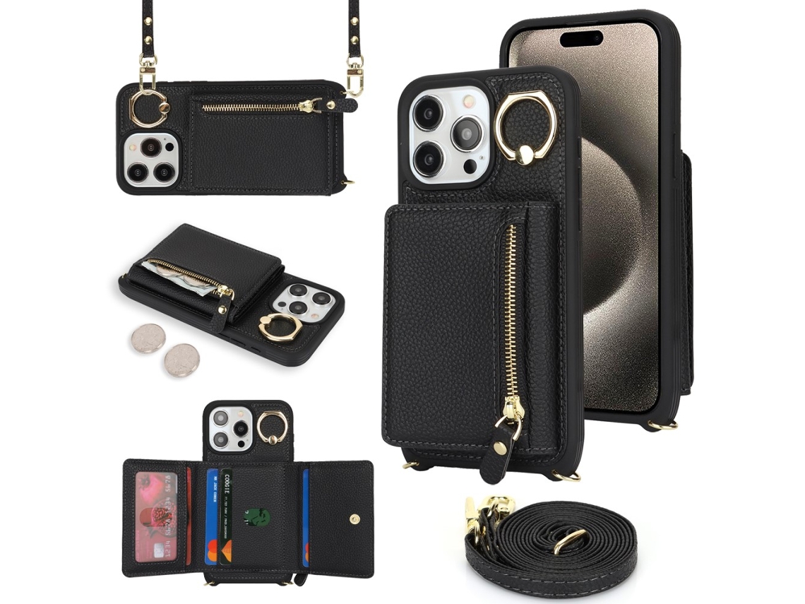 Suporte Casa Para Iphone 15 Pro Pele Sintética Com Porta-cartões Preto