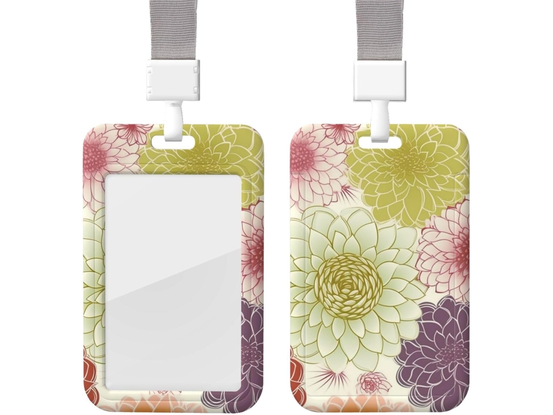 Porta Crachá Dahlia Com Estampa Floral E Cordão, Modelo Vertical, Com Capa Protetora