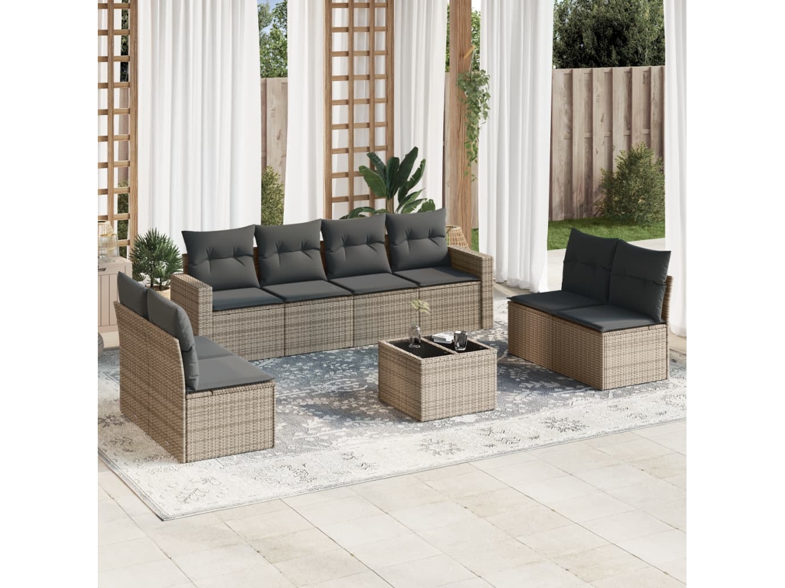 Vidaxl 9 Pcs Conjunto Sofás P/ Jardim Com Almofadões Vime Pe Cinzento