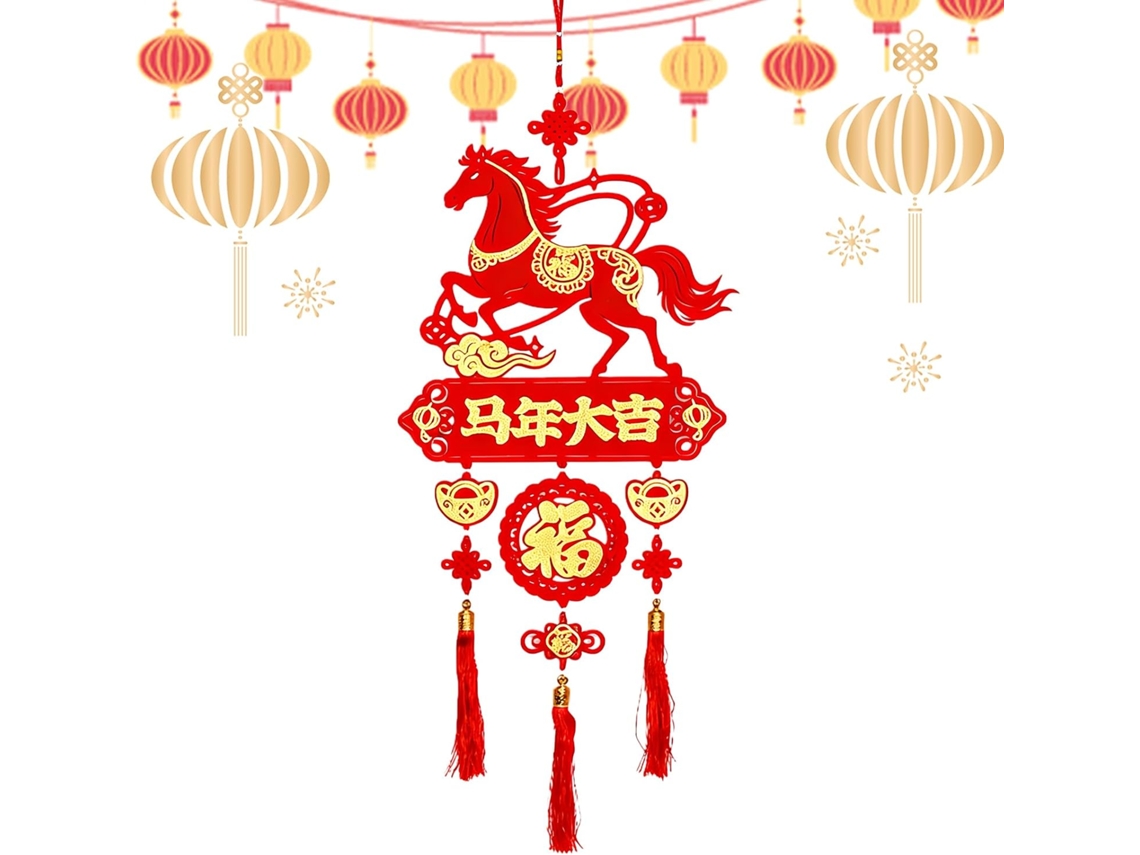 Enfeite Parede Chinês Decoração Formato Cavalo Festas Tecido Pompons Cores Vibrantes Charme Artesanal Janelas GOKOCO