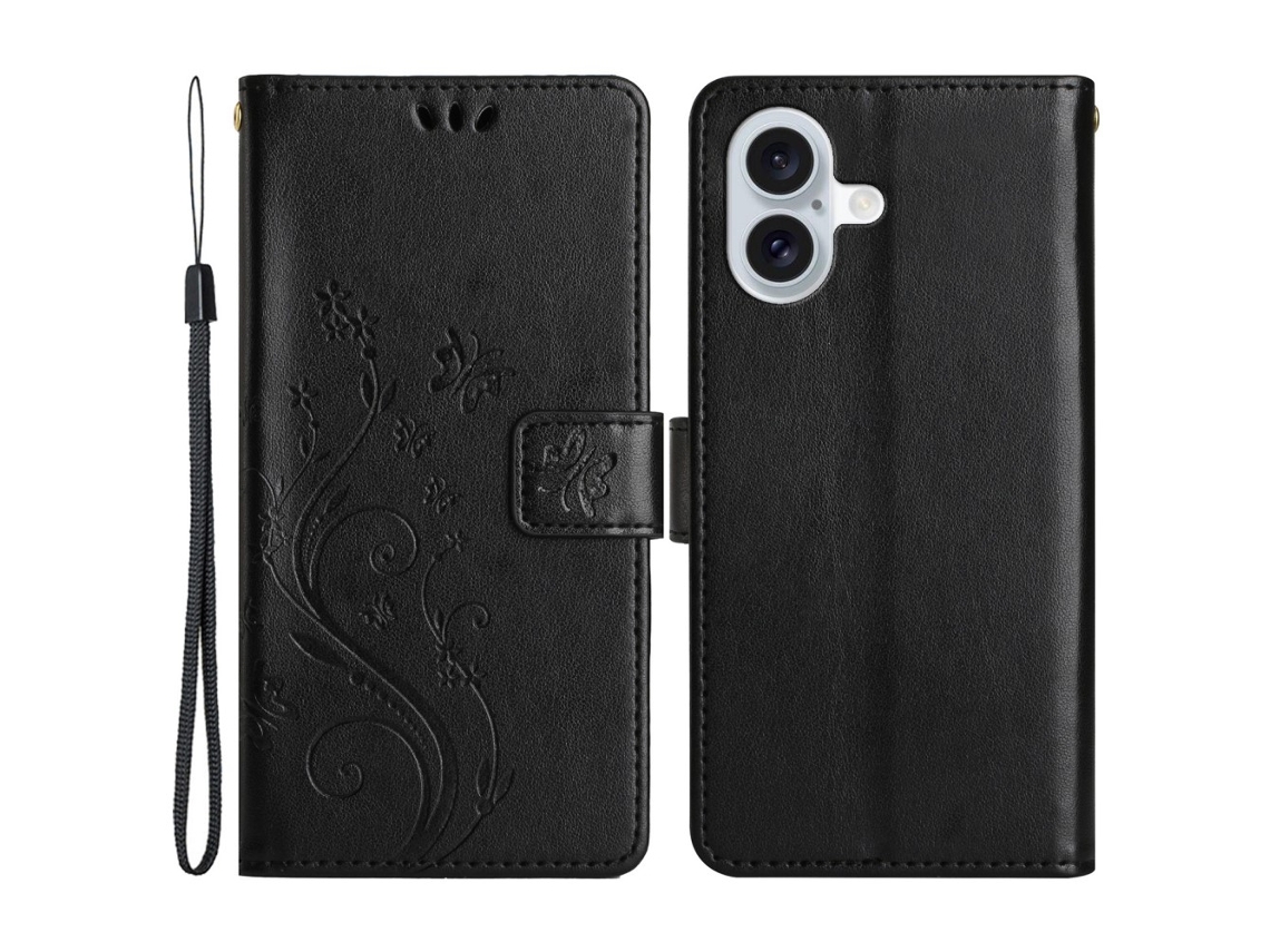 Capa Em Couro Pu Com Pega Para Apple Iphone 16 Plus - Preto