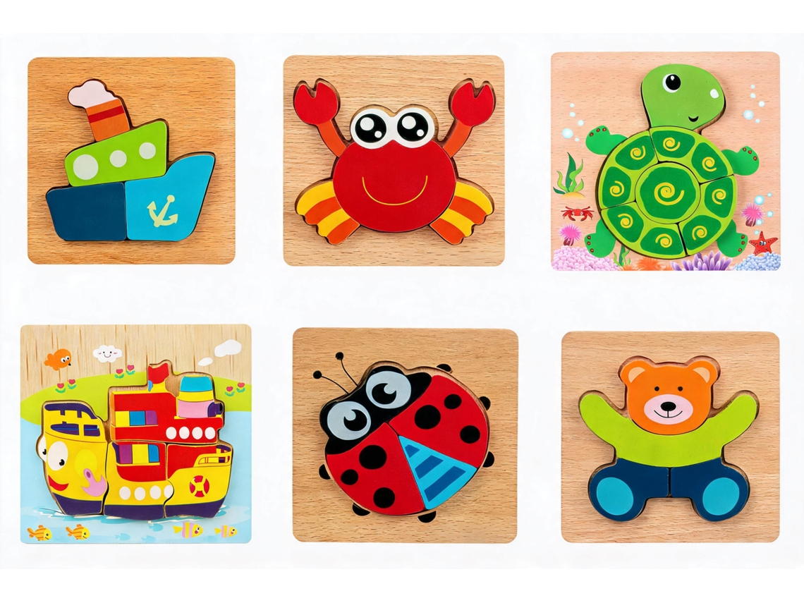 Conjunto de Quebra cabeças Madeira Pacote com 6 Brinquedos Montessori em Habilidade Motora Fina Jogo Presente Educacional Pré HENTEN HOME