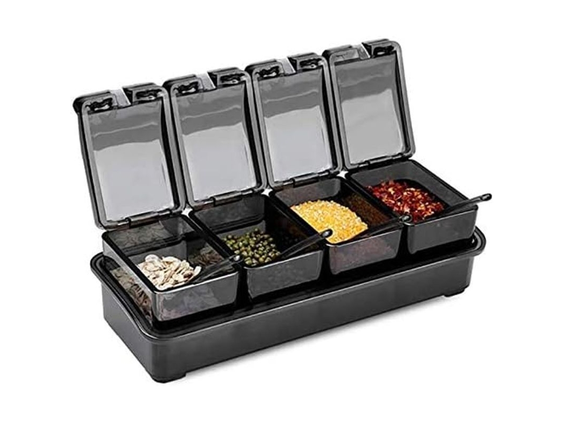 Conjunto de 4 Potes para Especiarias com Prateleira de Acrílico, Recipientes Pretos para Condimentos com Colheres, Organizador de Cozinha