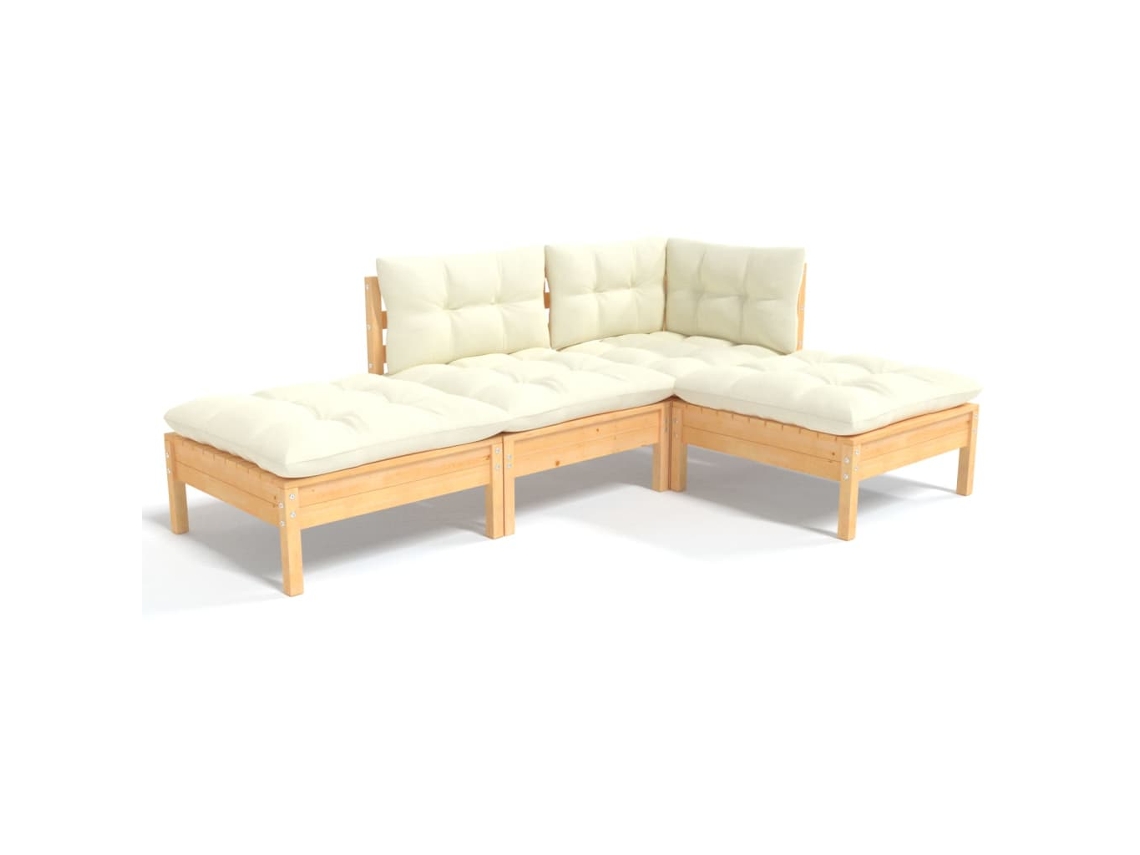 Conjunto de 4 Jardim Lounge com Almofadões Creme Pinho Maciço MAISON EXCLUSIVE
