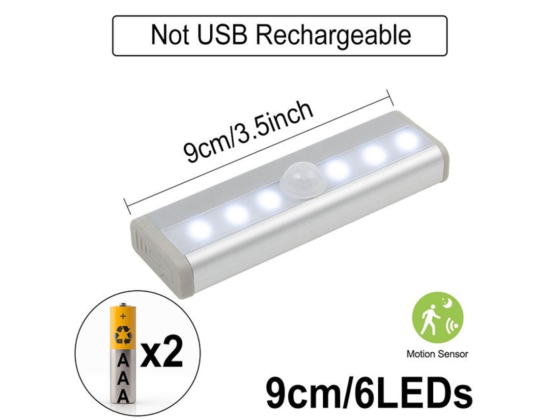 Lurelia Luz Led Para Armário, 6 Leds, 9 Cm, Sensor De Movimento, Usb Recarregável, Brilho Regulável Para Roupeiro, Escadas, Cozinha