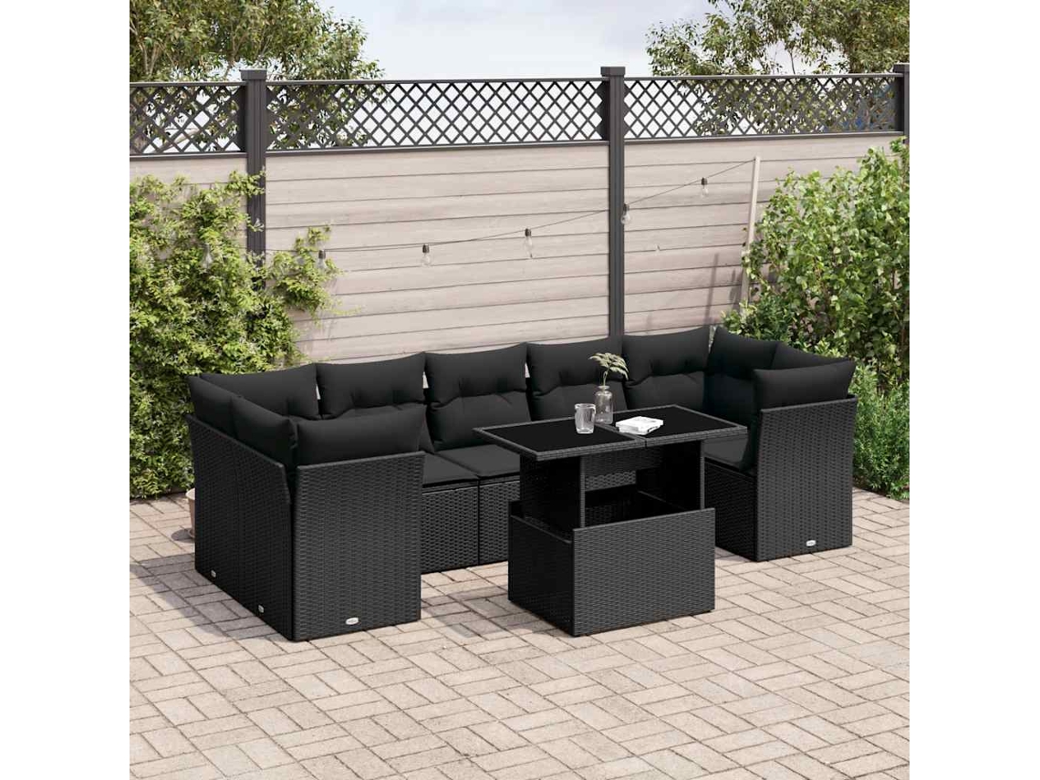 Vidaxl 8 Pcs Conjunto Sofás De Jardim Com Almofadões Vime Pe Preto