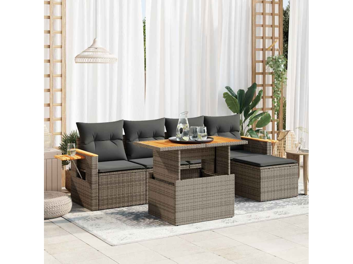 Vidaxl 6 Pcs Conjunto Sofás Jardim Com Almofadões Pe/acácia Cinzento