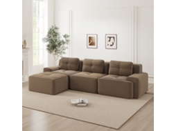 Sofá Modular L 3 Lugares - Veludo Cotelê, Chaise Longue, Montagem Sem Ferramentas - Castanho