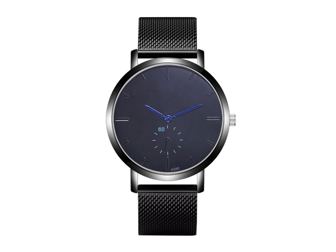 Relógio de pulso masculino Zhoulianfa com pulseira de malha, mostrador redondo, quartzo, preto.