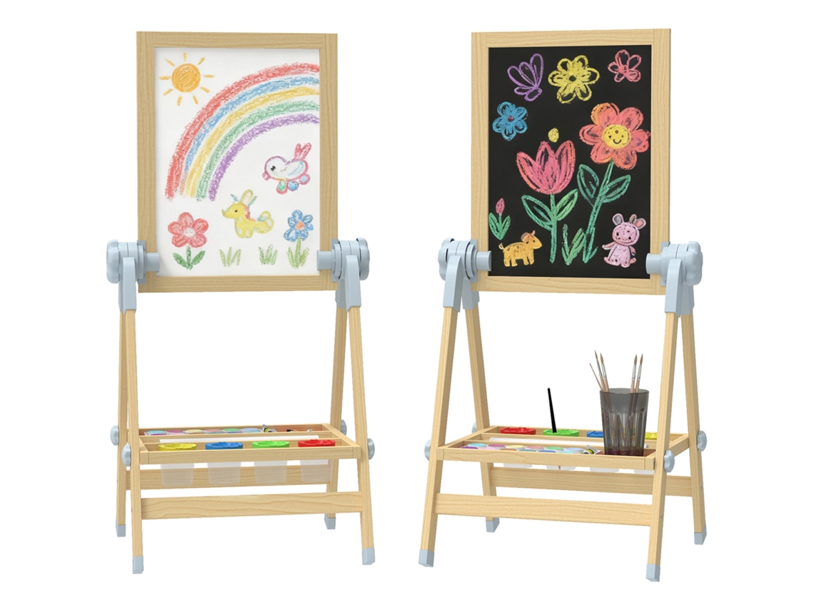 Cavalete infantil de madeira, Quadro branco de dupla face e Quadro preto ajustável em altura com rolo de papel, Prateleira, Natureza Ge