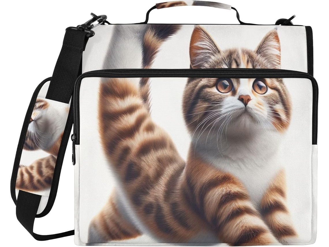 Bolsa Organizadora Fofa Com Estampa De Gatinho Praticando Yoga, Pasta Com Zíper E Compartimento Fichário De 3 Argolas