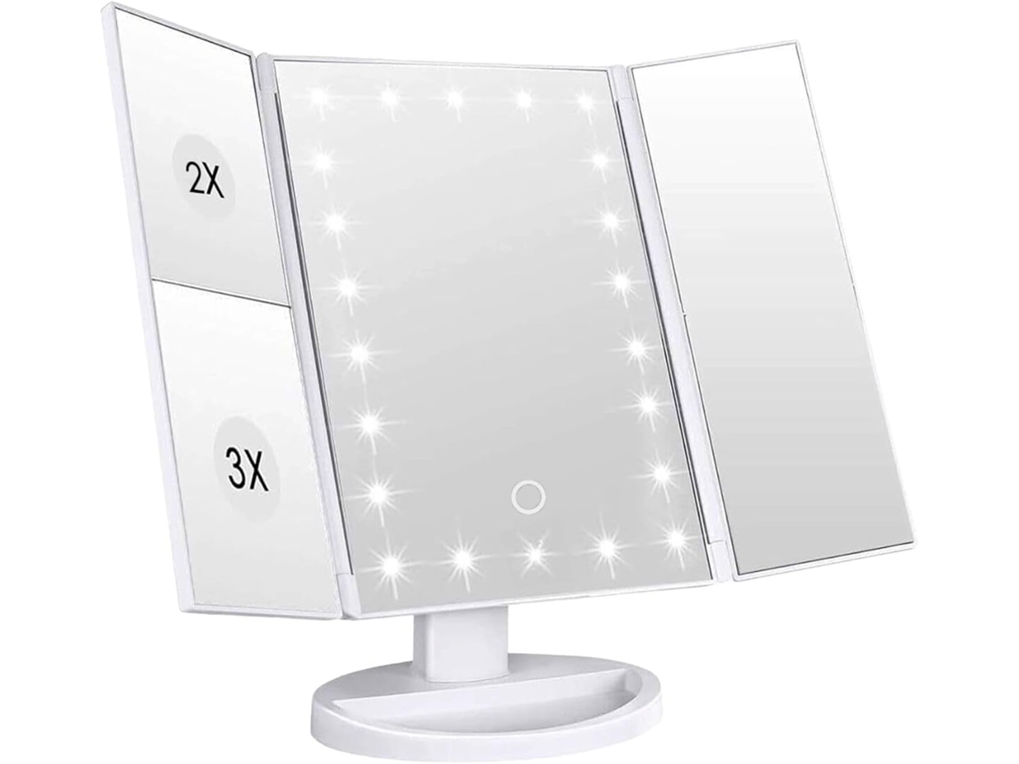 Espelho Maquiagem 3 Lados 21 Leds Usb Branco, Aumento 1x/2x/3x, Luz Regulável, Dobrável ZYBLSSBB