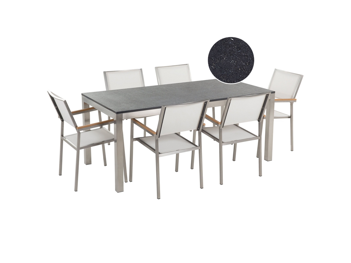 Conjunto De Refeição De Jardim Para 6 Pessoas Beliani Grosseto De Granito, Aço Inoxidável Preto/branco 180x90x70