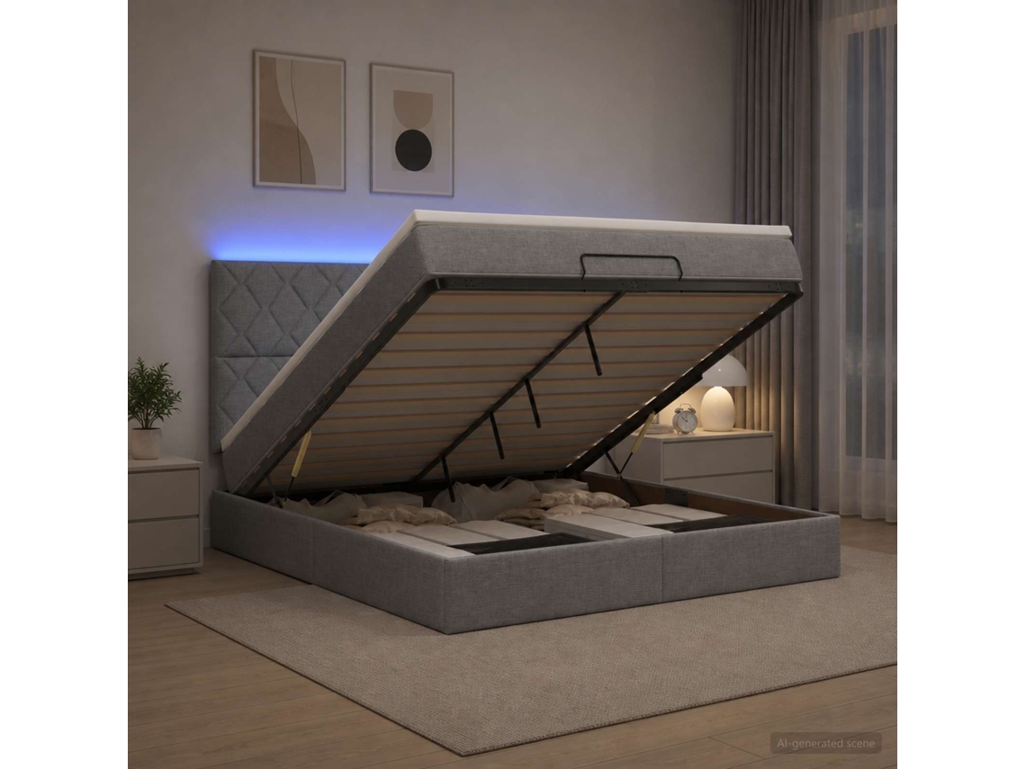 Vidaxl Cama Ottoman Com Colchão E Led Cinzento-claro 160 X 200 Cm