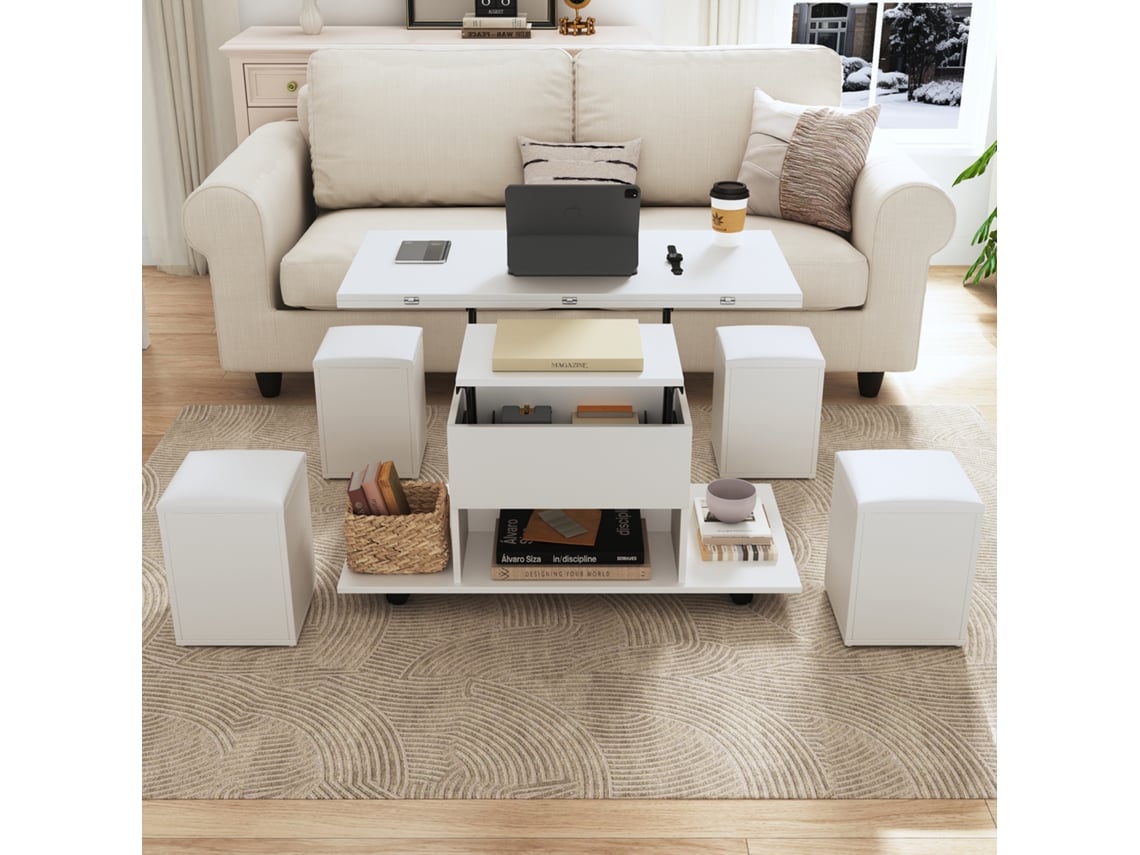 Mesa De Centro Multifuncional Transforma Se Em Mesa E 4 Bancos Branco Estilo