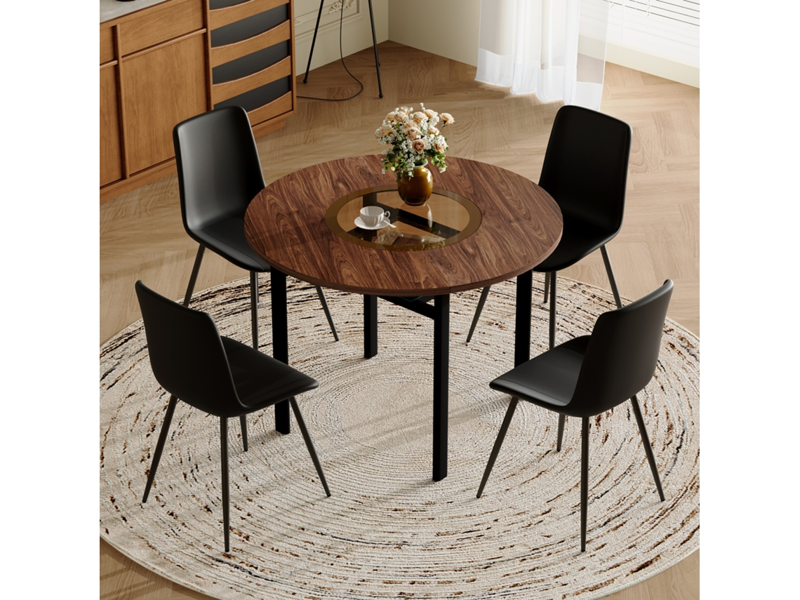 Conjunto Mesa Redonda Madeira Marrom 100cm Armazenamento 4 Cadeiras Pu Preto