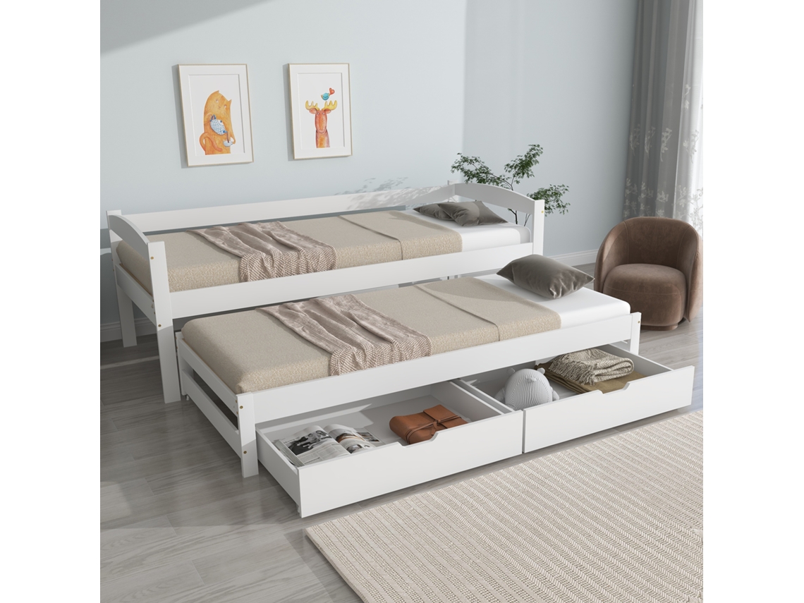 29596364waa Daybed 200x90/190x90cm, Deslizante Rodas, 2 Gavetas Mdf. Madeira Maciça Branca.-op