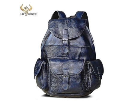 Mochila De Viagem Impermeável De Lona E Couro Legítimo, Mochila Para Faculdade, Faculdade, Escola, Mochila Para Laptop Masculina, 9950 - Azul