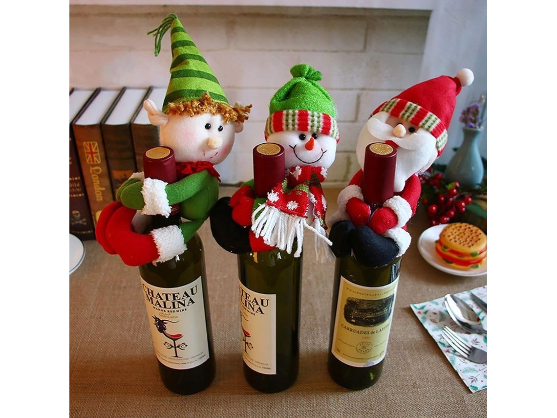 Nova Line 3 Capas de Garrafa de Vinho Decorativas Natalinas com Boneco de Neve e Papai Noel para Festas em Casa