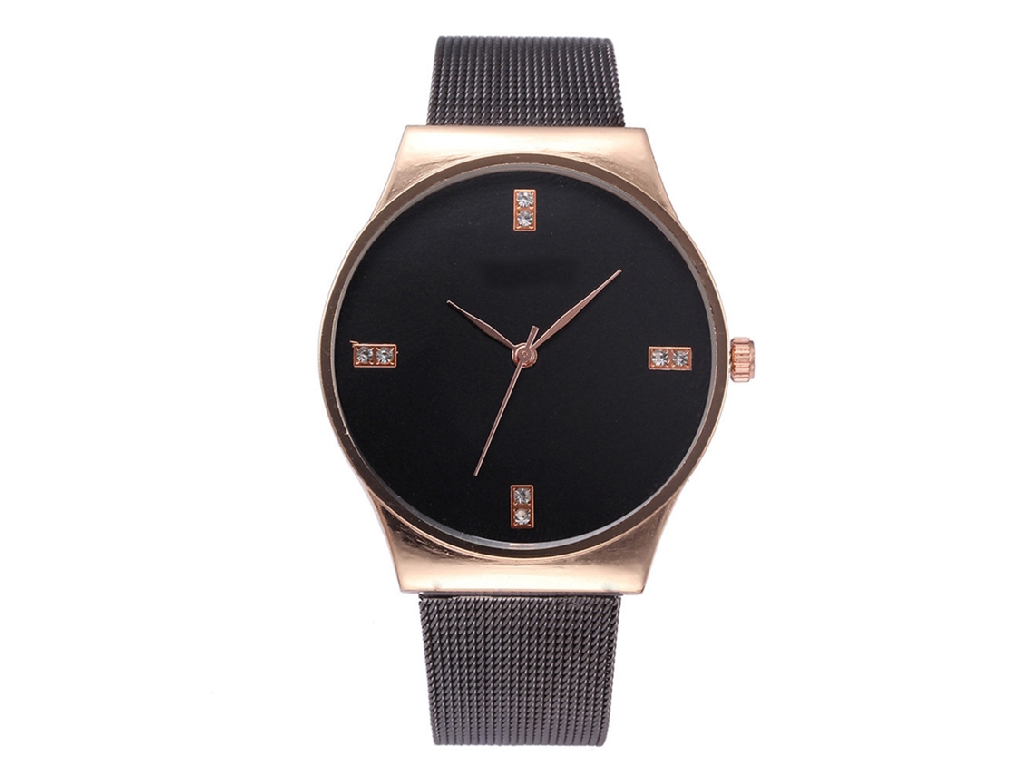 Reloj De Cuarzo Con Correa De Malla De Acero Inoxidable Y Piedras Strass (negro Oro Rosa)