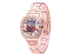 Relógio de quartzo moderno com pulseira de aço, mostrador redondo e estampa de coruja para casais (ouro rosa)