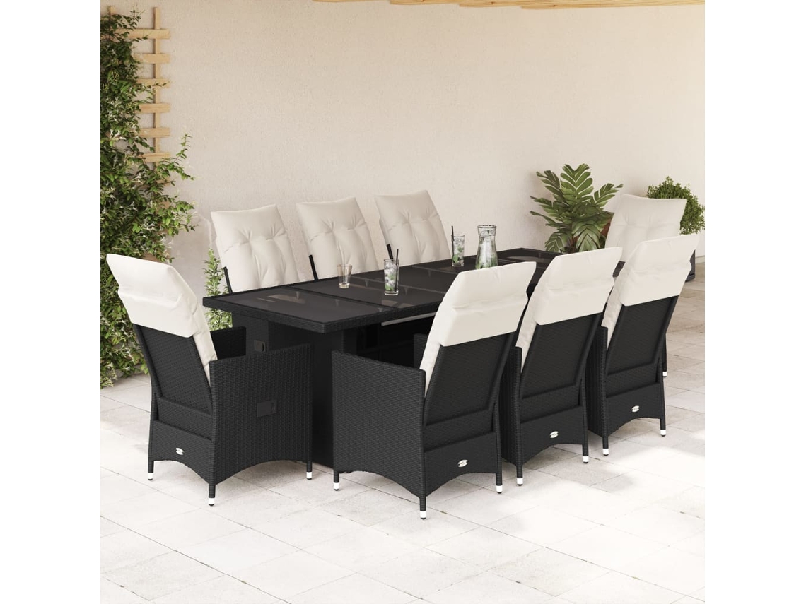 Conjunto Bistrô P/ Jardim C/ Almofadões Vime Pe Preto Dkd Home Decor 9 Peças