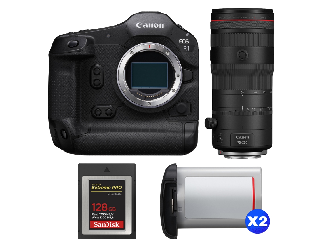 Eos R1 + Rf 70 200mm F/2.8 L Is Usm Z Preto + 1 Sandisk 128gb Extreme Pro Cfexpress Type B + 2 Canon Lp e19 + Ebook Pricedirect CANON