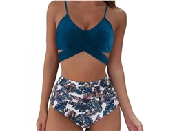 2026-bikini De Duas Peças De Leopardo De Cintura Alta Para Mulher Com Sutiã Push-up E Calcinhas Plissadas L Azul