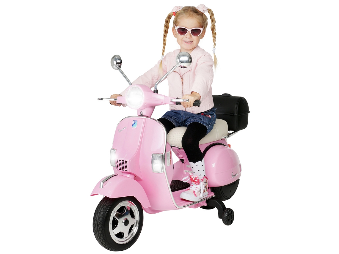 Moto Elétrico Infantil Vespa, Licenciado, Pneus De Eva, Faróis De Led, Caixa De Armazenamento, Módulo De Som, Rodinhas De Apoio