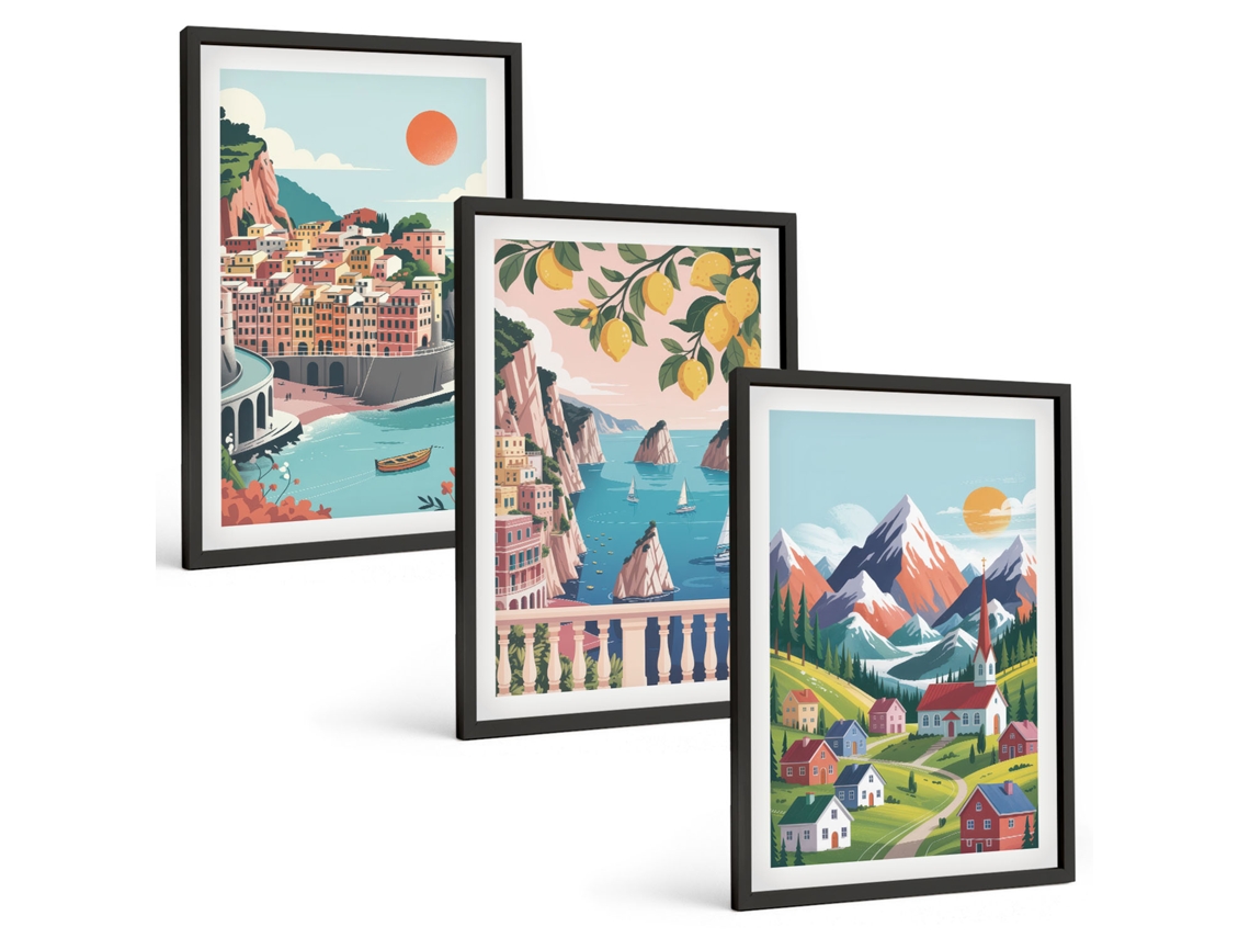 Composição De Quadros Na Parede Montanhas E Cidades Coloridas Moldura Preta Quadros Para A Sala De Estar Espelharte (3 Piezas De 40x60 Cm)