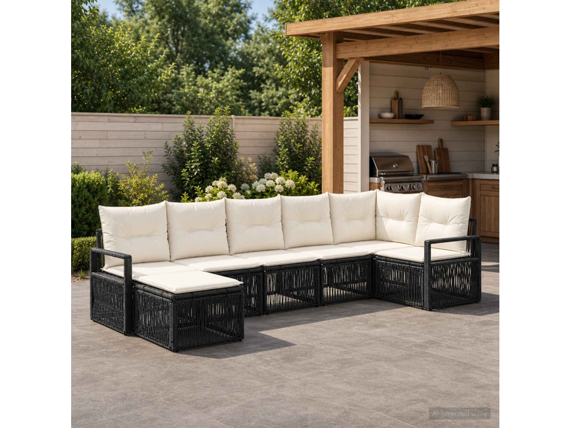 Vidaxl Conjunto De Sofá De Jardim 7 Unid. Preto Vime Pe