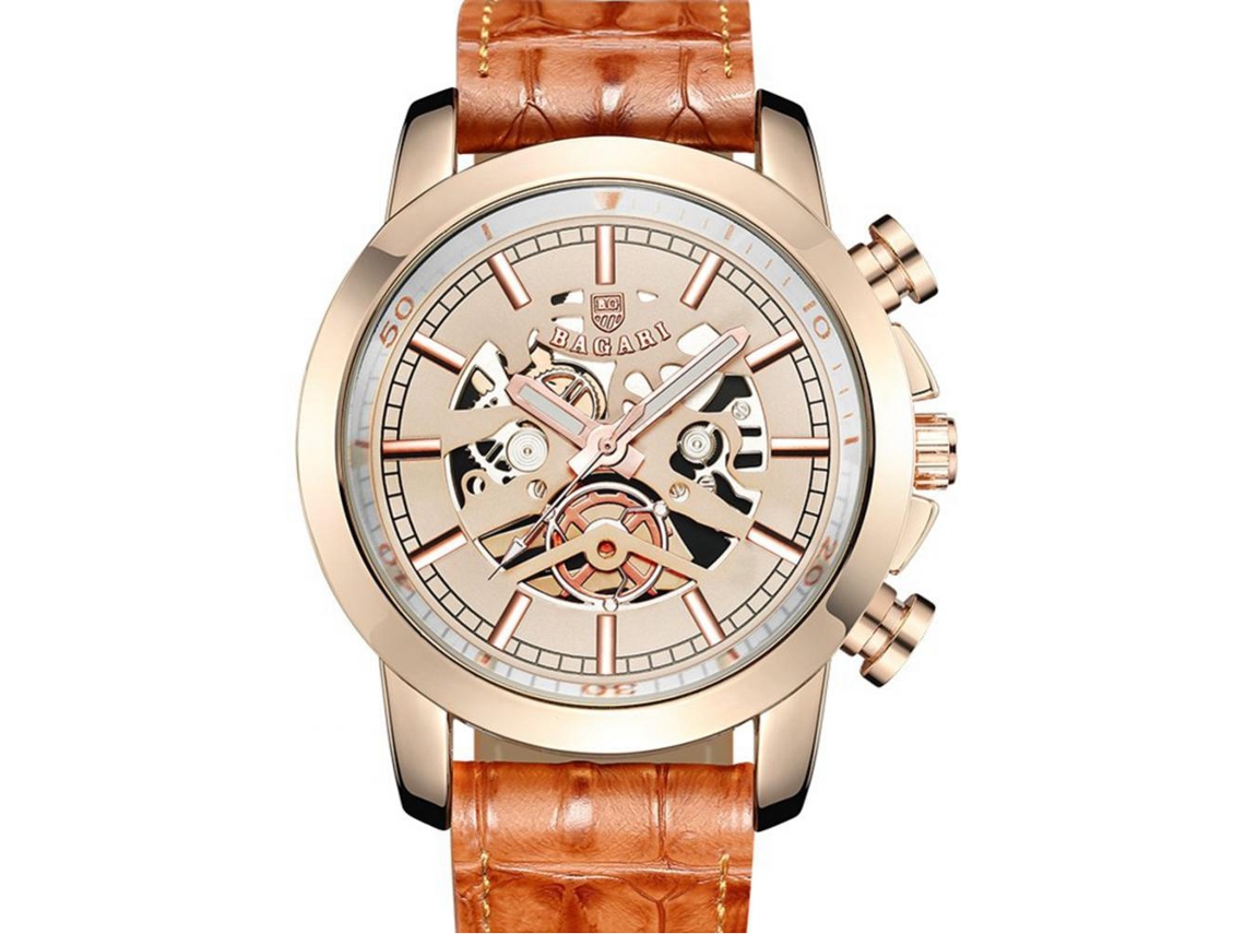 Relógio de pulso masculino de quartzo, resistente à água, pulseira de couro PU vazada, marrom dourado rosê