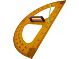 Transferidor semicircular de plástico laranja com cabo, ferramenta multifuncional para o ensino de matemática em sala de aula.