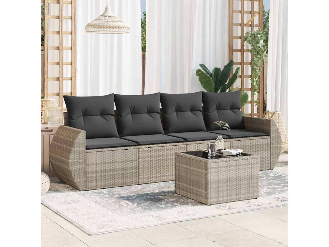 Vidaxl 5 Pcs Conj. Sofás Jardim C/ Almofadões Vime Pe Cinzento-claro