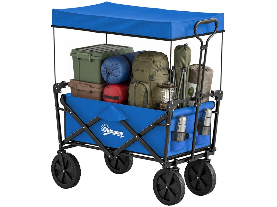Carrinho De Transporte Dobrável Com Toldo Removível E Alça Ajustável Capacidade 100 Kg Para Campismo 97x52x105 Cm Azul