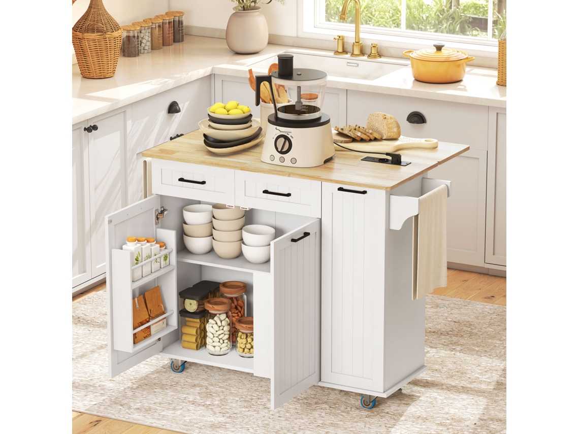 Ilha de Cozinha Móvel S/MARCA, com rodas, bancada rebatível, 2 gavetas, 119,5x74x94,5cm, branco