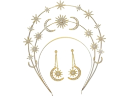 Conjunto De Tiara Deusa Com Estrelas E Luas, Tiara De Três Camadas Com Brincos Dourados.